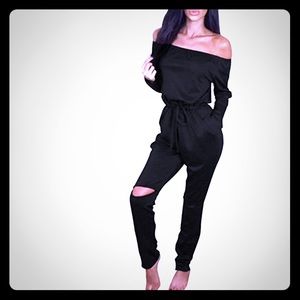 Pants - ♠️0ff-shoulder jumpsuit romper with knee cut out Pants - ♠️0ff-shoulder jumpsuit romper with knee cut out